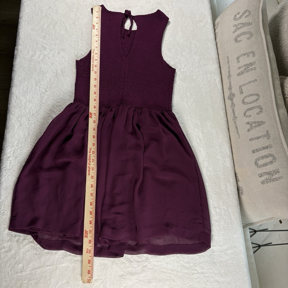 Kimchi Blue Fit & Flare Mini Dress Medium Plum Smocked Bodice Keyhole Back Sheer - Picture 8 of 10